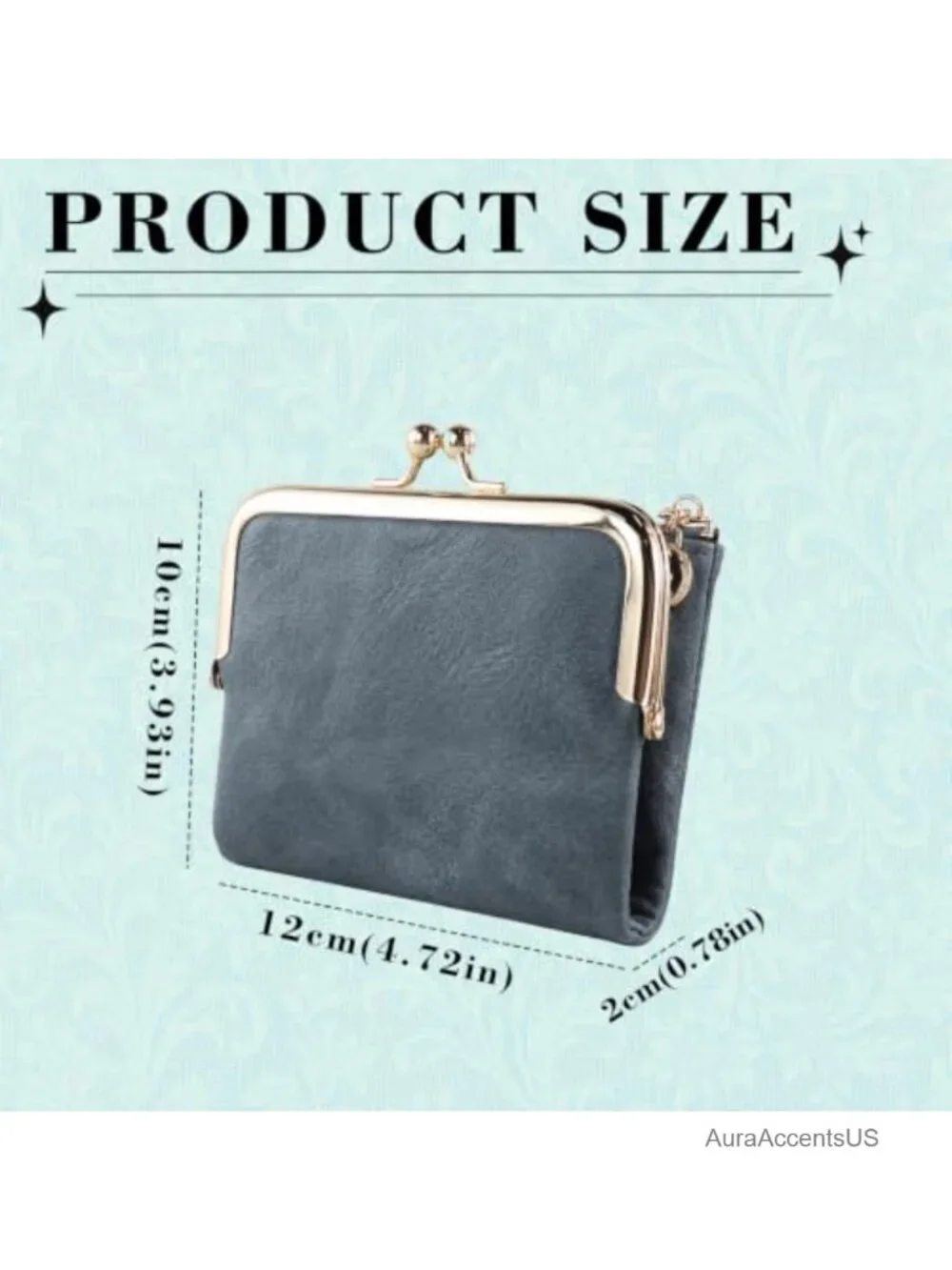 Vintage Bifold Wallet PU Leather 8 Card Slots Zipper Kiss Lock w/ Coin Pouch